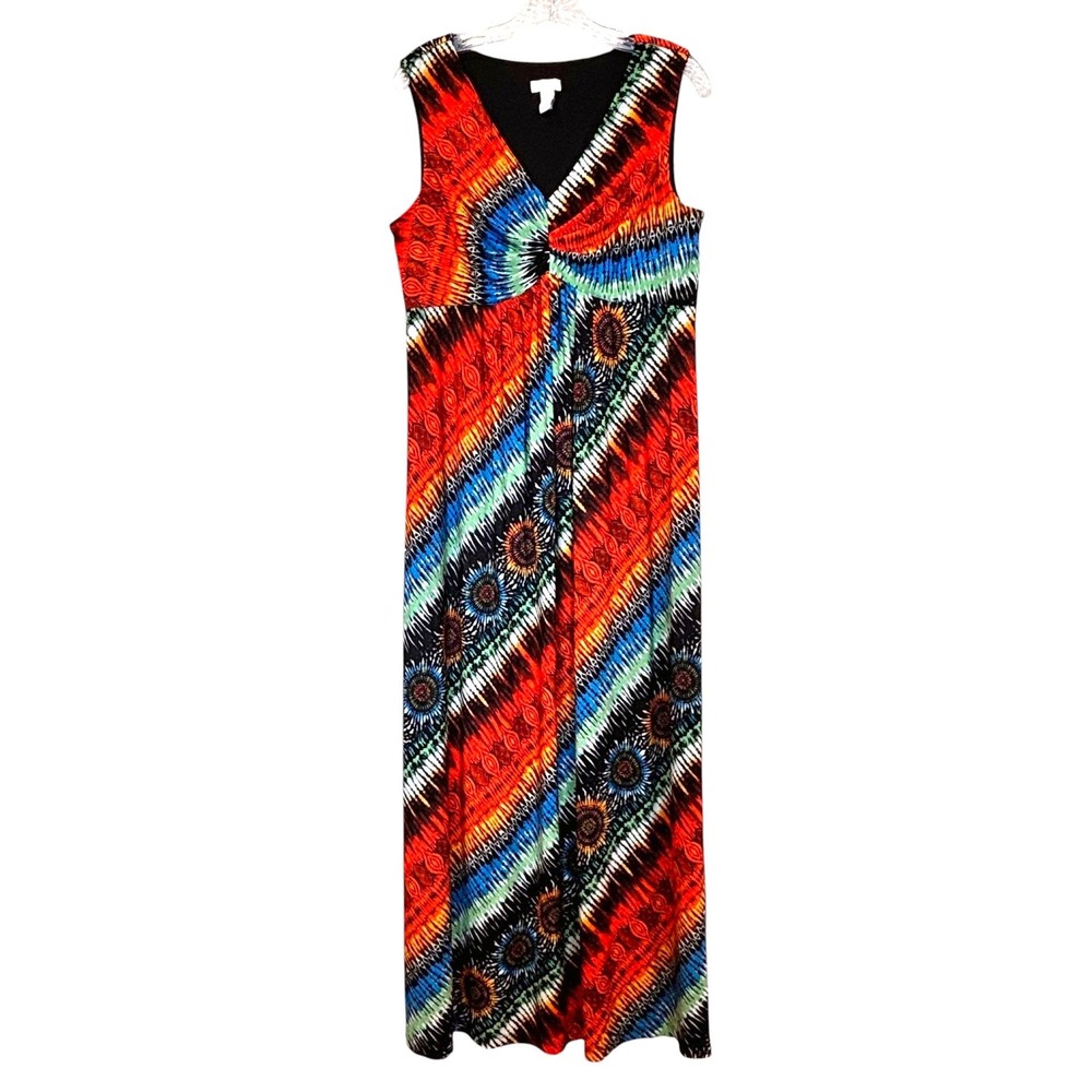 Chicos Abstract Diagonal Sunburst Maxi Dress Sz 2 (12-14) Sleeveless V-Neck Boho